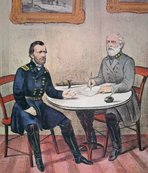Generál Robert E. Lee (1807-70) se vzdává generálu Ulysses S. Grantovi (1822-85) u soudu Appomattox, 9. dubna 1865 (barevné lito)