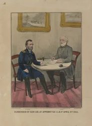 Kapitulace Genl. Lee ve společnosti Appomattox C.H. Va. 9. dubna. 1865 (barevná litografie)