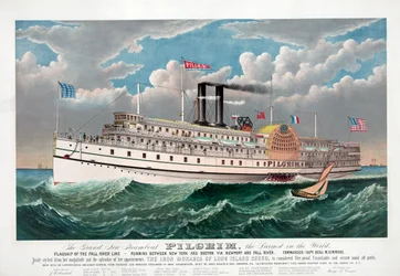 The Grand New Steamboat Pilgrim, cca 1883 (barevné lito)