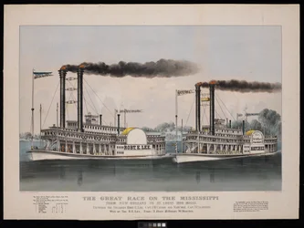 Velký závod po Mississippi z New Orleans do St. Louis 1210 mil. Mezi parníky Robt. E. Lee... a Natchez... Vyhrál R.E. Lee