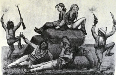 Currier & Ives ilustrace 19. století. A Howling Swell - on the War Path (originální kresba Thomase Wortha, ze které byl vytvořen originální tisk)
