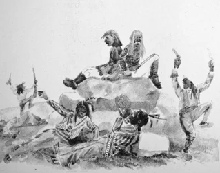 Currier & Ives ilustrace 19. století. A Howling Swell - on the War Path (originální kresba Thomase Wortha, ze které byl vytvořen originální tisk)