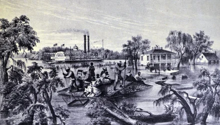 Currier & Ives ilustrace 19. století. Velká voda v Mississippi
