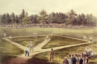 Americká národní hra baseball - Velký zápas na Elysian Fields, Hoboken, New Jersey, 1866