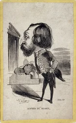 Portrétní náboj Alfreda de Musseta (1810-1857), francouzského básníka a dramatika. Karikatura od Gasparda Felixe Tournachon dit Felix Nadar (1820-1910).