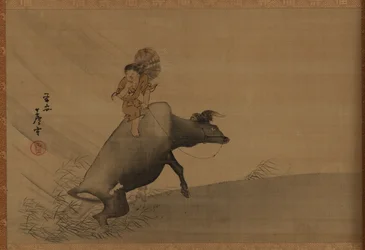 Pastevec na vodním buvolovi v bouři, období Edo, konec 18. století.