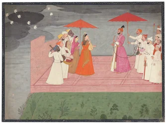 Hudebníci hrající raga pro Balwanta Dev Singha během období dešťů, kolem 1745-50