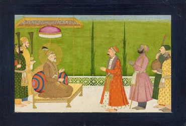 Básník Sundar Das před císařem Shah Jahanem, Folio z A Sundar Shringar, Ka. 1750-1760.