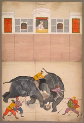 Dva sloni bojující na nádvoří před Muhammadem Shahem, c. 1730-40.