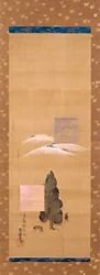 Osm pohledů na Yamato: sníh na hoře Mikasa a jelen v poli Kasuga (inkoust, barva na hedvábí)