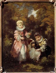Děti a psi Obraz Narcissuse Diaz de la Pena (1807-1876) (ek. de Barbizon) Sun. 0,32 x 0,24 m