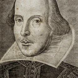 Detail portrétu Williama Shakespeara na frontispisu knihy Komedie, historie a...