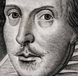 Detail portrétu Williama Shakespeara na frontispisu knihy Komedie, historie a...