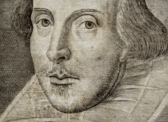 Detail portrétu Williama Shakespeara na frontispisu knihy Komedie, historie a...