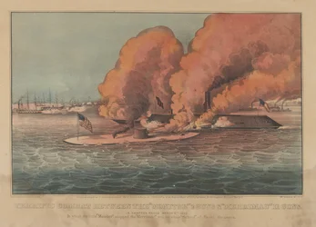 Skvělý boj mezi monitorem 2 Guns & Merrimac 11 Guns - In Hampton Roads March..., 1862. Tvůrci: Nathaniel Currier, James Merritt Ives, Currier a Ives.