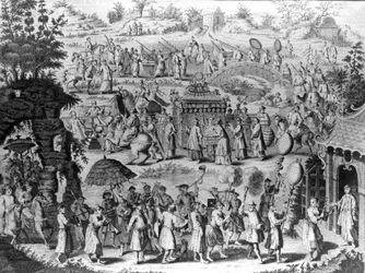 Průvod nevěsty, která se vrací domů ke svému manželovi, ilustrace z knihy "A New General Collection of Voyages and Travels", kterou sestavil John Green, 1747.