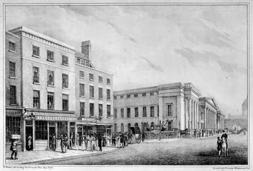 Pohled podél Aldersgate Street a St Martin-le-Grand ke katedrále St Pauls, kolem roku 1830