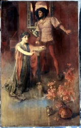 "Žena klečí před křišťálovou koulí, za ní čeká muž se směsicí strachu a zvědavosti. Obraz Nelly Erichsenové (činné asi 1882-1893) Soukromá sbírka