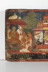 Detail z obálky buddhistického rukopisu (neprůhledné wc na dřevě)