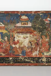 Detail z obálky buddhistického rukopisu (neprůhledné wc na dřevě)