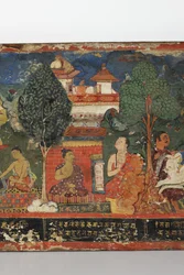Detail z obálky buddhistického rukopisu (neprůhledné wc na dřevě)