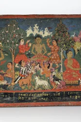 Detail z obálky buddhistického rukopisu (neprůhledné wc na dřevě)