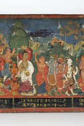 Detail z obálky buddhistického rukopisu (neprůhledné wc na dřevě)