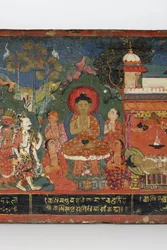 Detail z obálky buddhistického rukopisu (neprůhledné wc na dřevě)