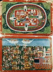 Krišna útočí na nedobytný hrad Prag-džjošita, aby získal náušnice Aditi, c. 1775