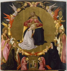 Korunování Panny Marie s anděly a čtyřmi světci. Kolem 1470