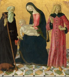 Madona s dítětem se svatým Antonínem opatem a svatým Zikmundem, asi 1490-1495 (tempera na desce)