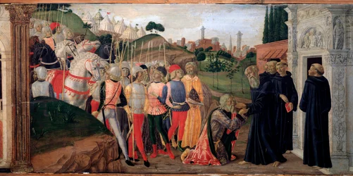Totila, král Ostrogótů na návštěvě Benedikta z Nursie - Detail Predelle, c. 1470
