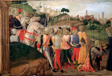 Totila, král Ostrogótů na návštěvě Benedikta z Nursie - Detail Predelle, c. 1470