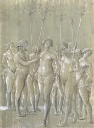 Pět nahých vojáků držících hole, dva s helmou a tři nahé ženy, 1522
