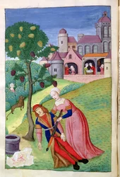 Rukopis 324, fol. 44v. Alkithoé, Pyramus a Thisbé, morušovník mění barvu, z Ovidiových Proměn, 1479