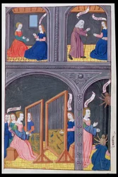 Ms 324 f.62 v. Arachné vyzývá Palladu a stává se pavoukem, z Ovidiových Proměn 6, 1479