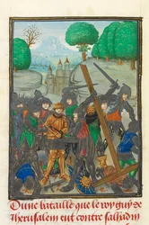 Royal 15 E.I, f.433v Porážka Guy de Lusignan a ztráta svatého kříže, ilustrace z „Historie křížových výprav“, od Williama, arcibiskupa z Tyru