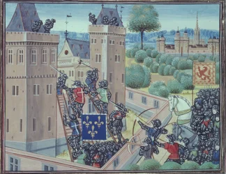 Royal 18 E.1 fol.345 Dobytí hradu Wark Francouzi a Skoty, z knihy II 