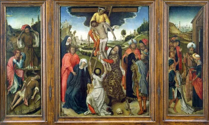 The Deposition, po stranách (L) Adam a Eva Mourning Abel a (R) Josephs Coat Showed to Jacob, triptych, c.1470 (panel)
