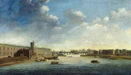 Seina z Barbierova mostu proti proudu, Louvre