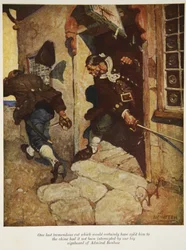 Jeden poslední ohromný řez, který by ho jistě rozdělil na bradu, kdyby jej nezachytil náš velký vývěsní štít admirála Benbowa, ilustrace z Ostrova pokladů od Roberta Louise Steva.