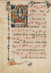 Rukopisný list s Nanebevzetím Panny Marie v iniciále V, z antifonáře, ca. 1340.