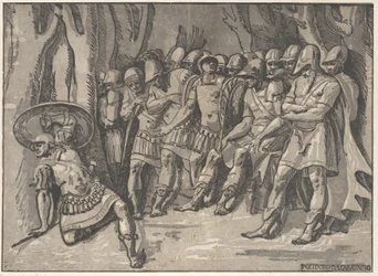 Ajax vlevo dole drží štít nahoře, vpravo stojí Agamemnon obklopený svým..., 1540-50.