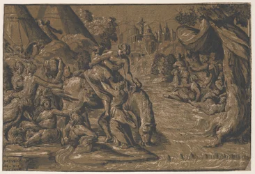 Cloelia, římská hrdinka v centru, jíž pomáhá na koně, Řím v pozadí,..., 1540-50