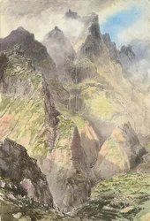 Grande Curral, Madeira, v popředí skupina turistů, za nimi Pico Grande (akvarel na papíře)
