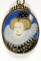 Dáma tradičně identifikovaná jako Anne, Lady Hunsdon (akvarel a tělová barva na pergamenu)