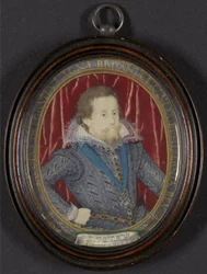 Jakub I. z Anglie a VI. ze Skotska, kolem roku 1610 (s kvašem a zlatem, perem a černým inkoustem na pergamenu)