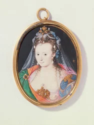 Miniatura Arabely Stuartové, vévodkyně z Lennoxu, 1593 (wc na pergamenu)