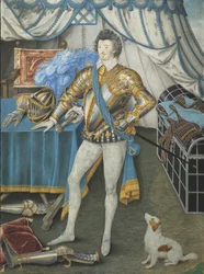 Portrét sira Anthonyho Mildmaye, rytíře z Apethorpe, Northants, kolem 1590-93 (wc na pergamenu připevněno na kartě, připevněno na dřevě)