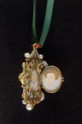 Gresley Jewel s miniaturními portréty sira Thomase Gresleyho a jeho nevěsty Catherine Walsingham (viz také 14568) (kombinovaná média)